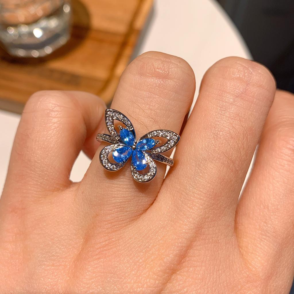 Tiktok Live S925 Silver Needle Sea Blue Butterfly Three Piece Set Bracelet Necklace Ring Earnail Wedding Jewelry