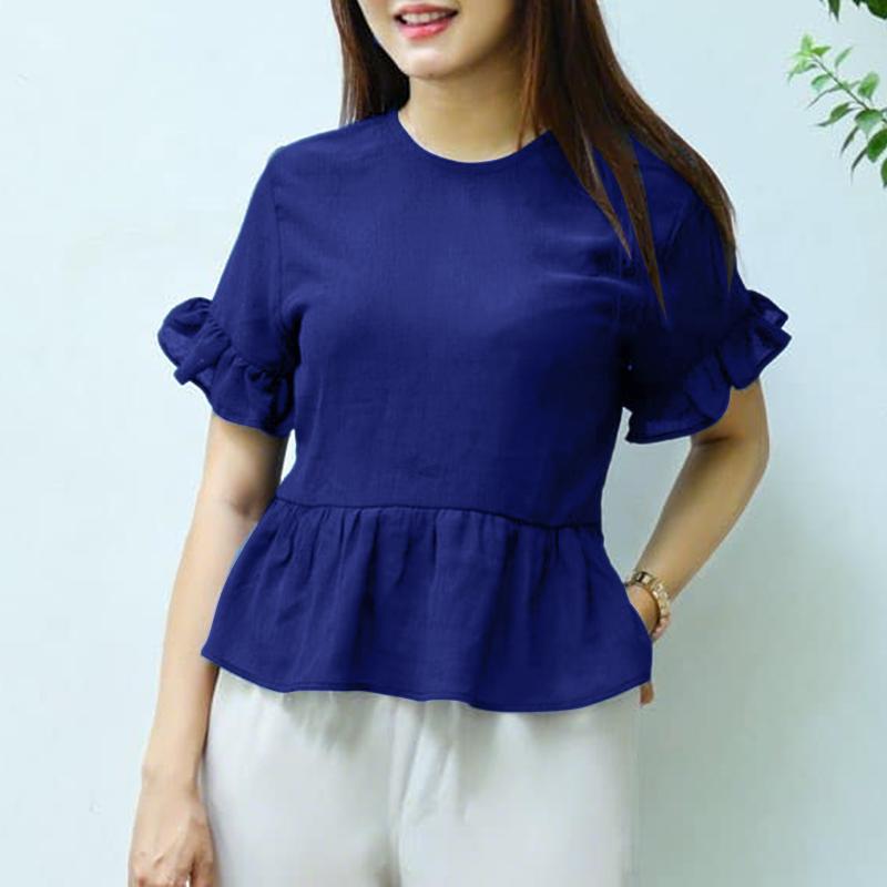 

ZANZEA Женская повседневная блузка с круглым вырезом, однотонная, летняя, с коротким рукавом L темно-синий