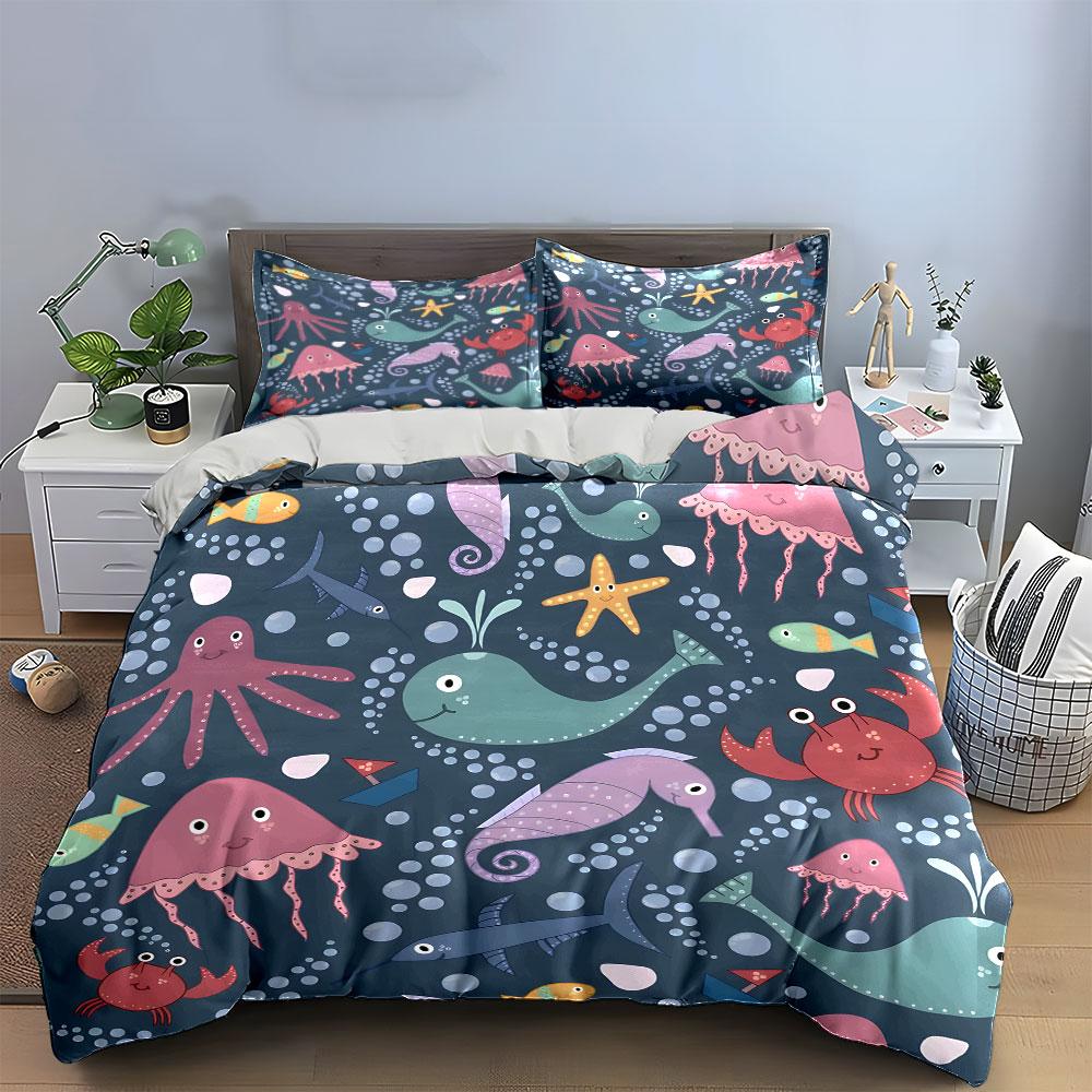 Cute Ocean Animals Pattern Bedding Duvet Cover Set (1*Duvet Cover 2*Pillowcases, without duvet insert)