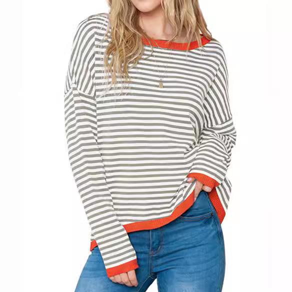 2025 Striped Contrast Knit Sweater: European & American Style, Drop Shoulder Long Sleeve