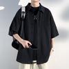 CleanFit Black Textured Men's Short-Sleeve Summer Ice Silk Drape Street Style Loose Shirt