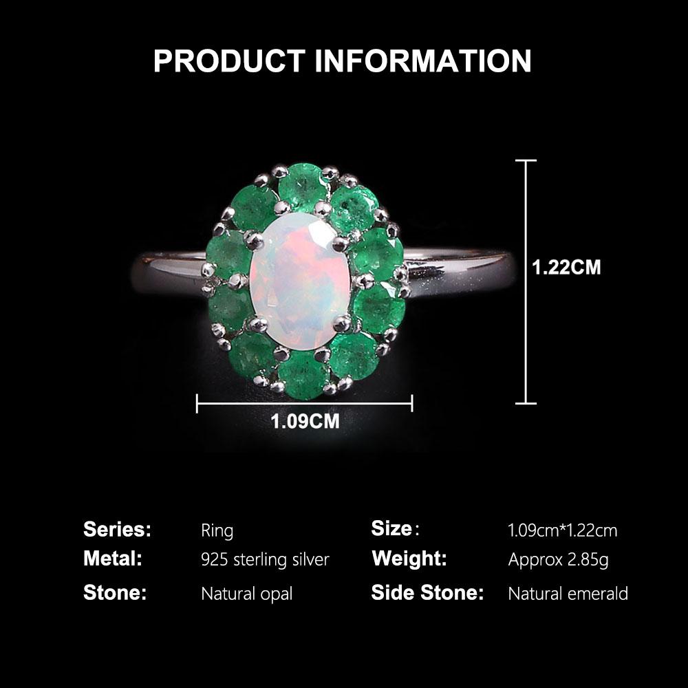 Inel superb din argint sterling 925 cu design floral, opal natural, smarald, pietre prețioase reale, bijuterii fine pentru cadouri de aniversare pentru femei