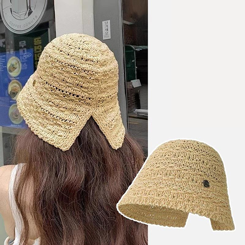 Cappello di Paglia Coreano da Spiaggia Estate Donna Visiera Traspirante Chic Cappelli a Secchiello Cappello da Pescatore Tessuto a Mano Ragazza Pesca Cappellini da Sole per Donne