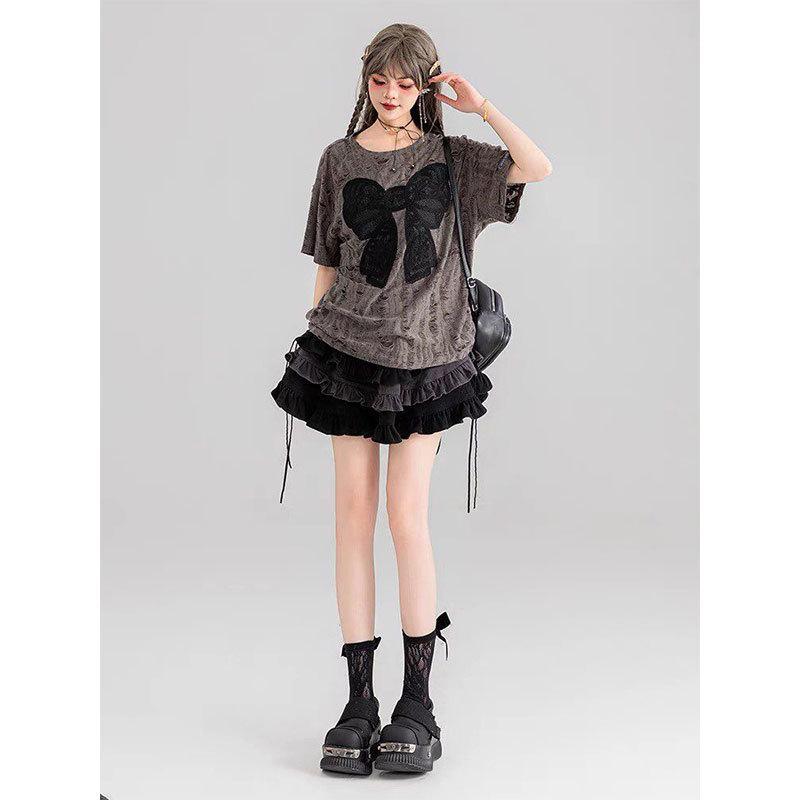 Bow Embroidery Short Sleeve T-shirt - Summer 2026, Dune Wasteland Style, Loose Fit, Ripped Drawstring, Slimming Design
