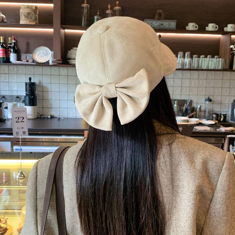 Women S Korean Style Winter Autumn Octagonal Hat Bow Decor Warm Sun Protection Cap