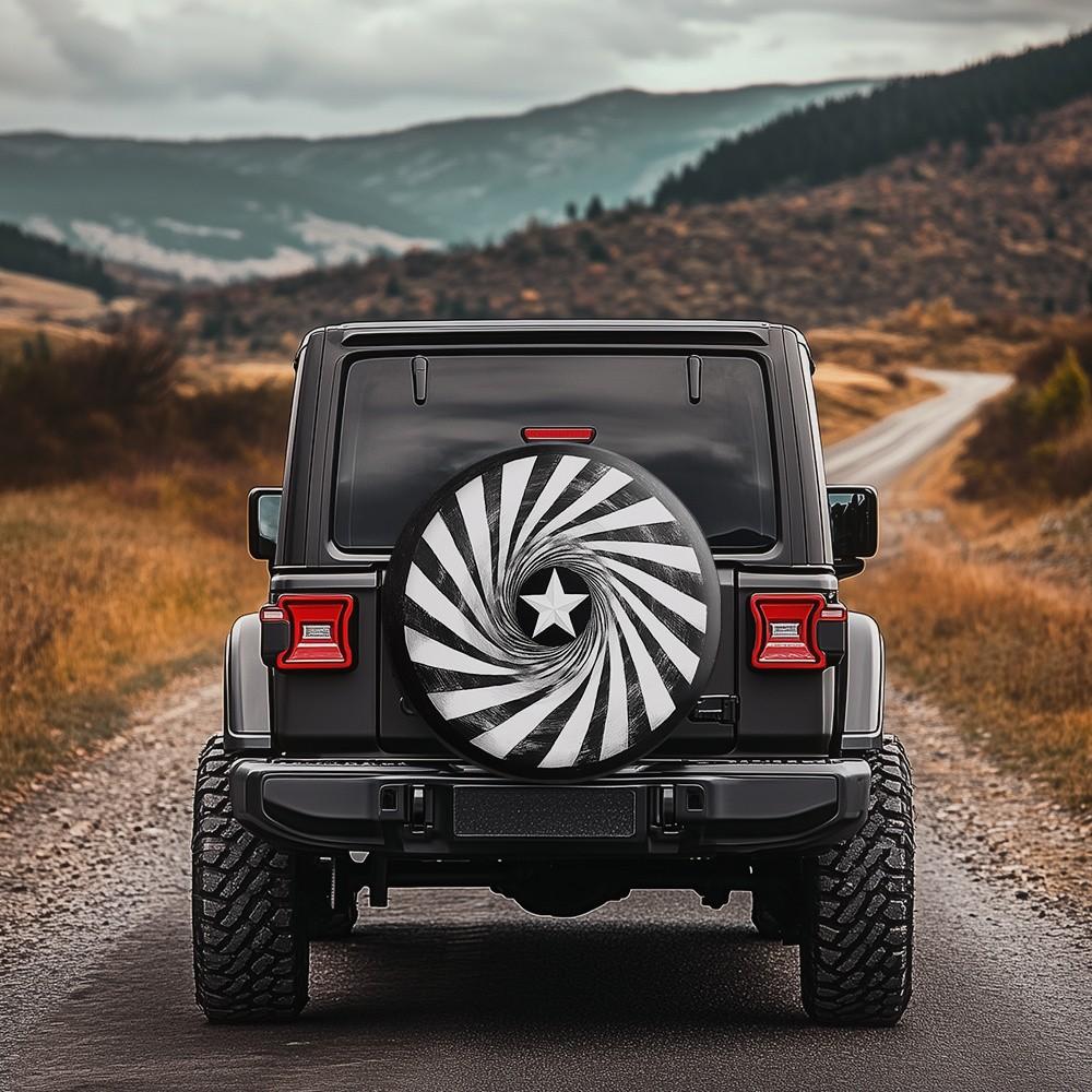 Spiral Star Pattern Spare Tire Cover Black White Sunburst Design Durable Polyester for Jeep SUV Truck