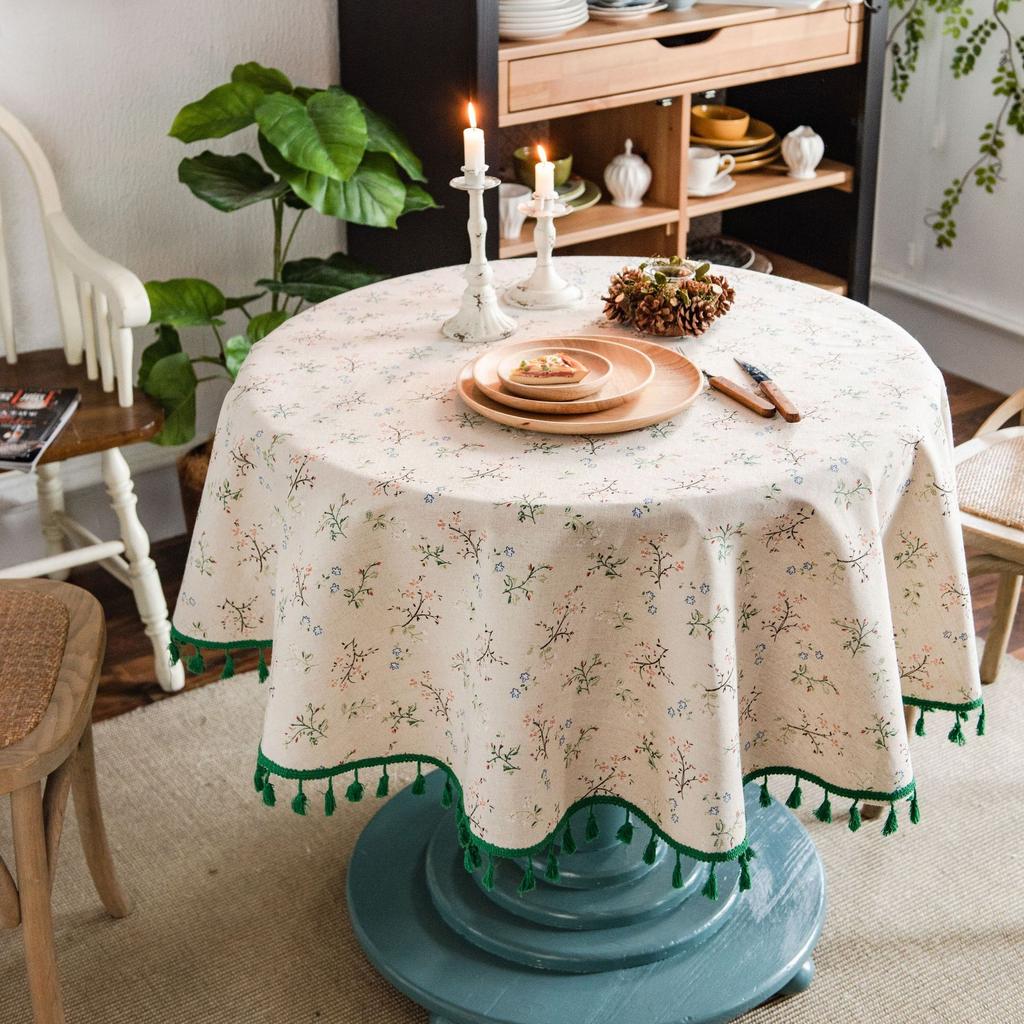 Decorative Tablecloth with Rice Base, Small Floral Print Round Green Fringe Cloth - Suitable for Holiday Dining Rooms, Living Rooms, Family Gatherings