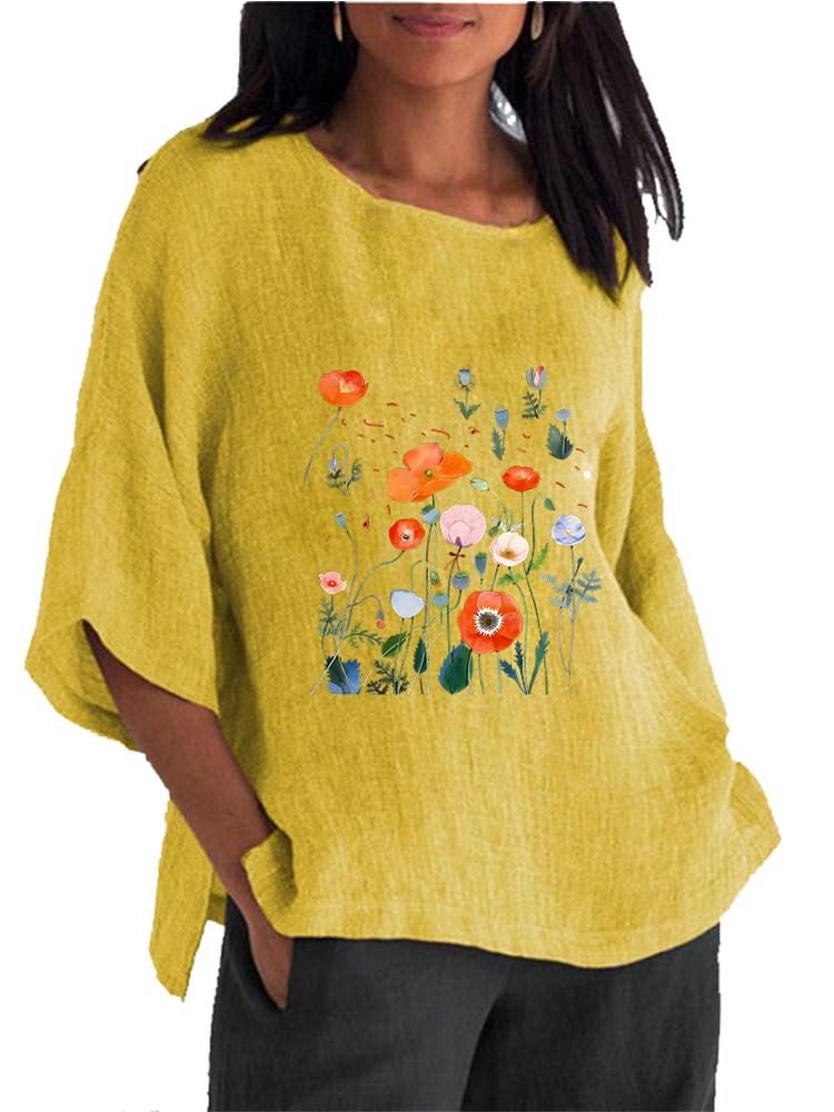 Damen Mode O-Ausschnitt Print Shirt Frühling&Sommer 3/4 Langarm Oberteil Damen Baumwolle Leinen Bluse