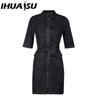 IHUASU Women's Fashion Short Sleeve Zip Up Denim Dress Summer Spring
