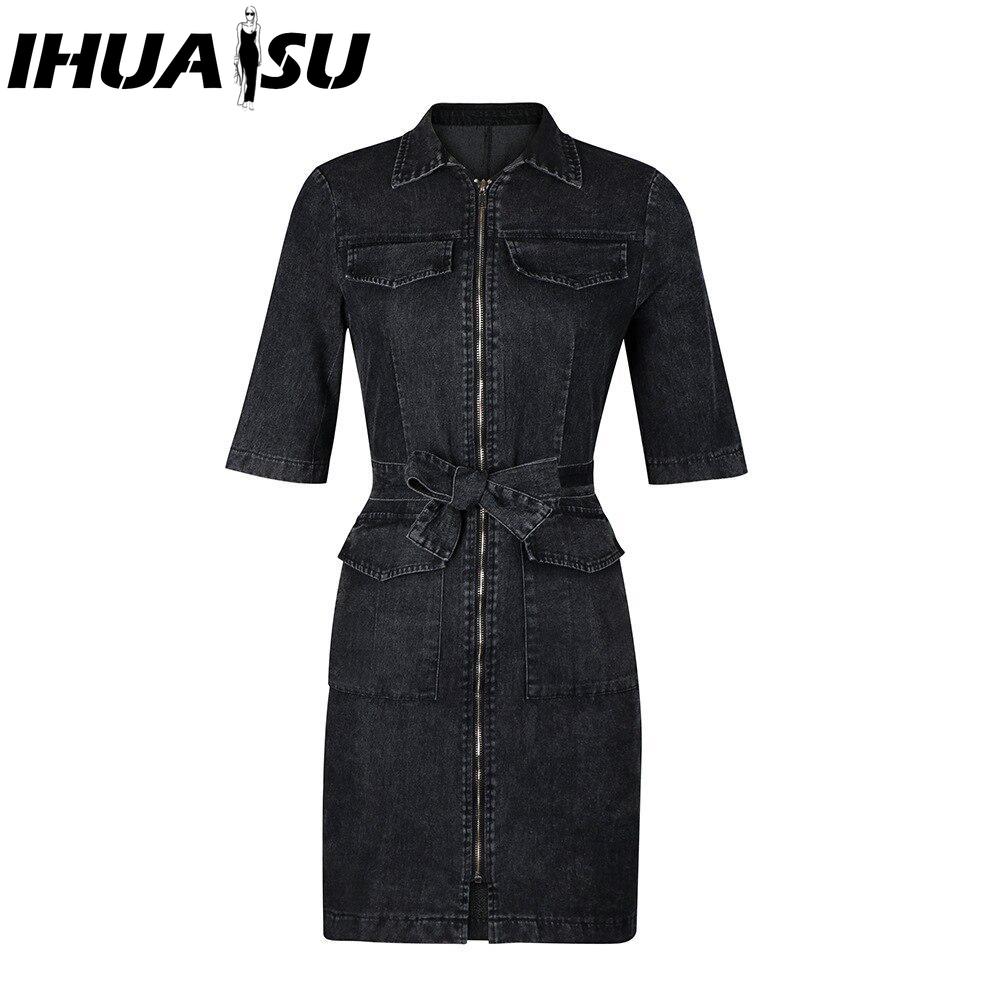IHUASU Women's Fashion Short Sleeve Zip Up Denim Dress Summer Spring