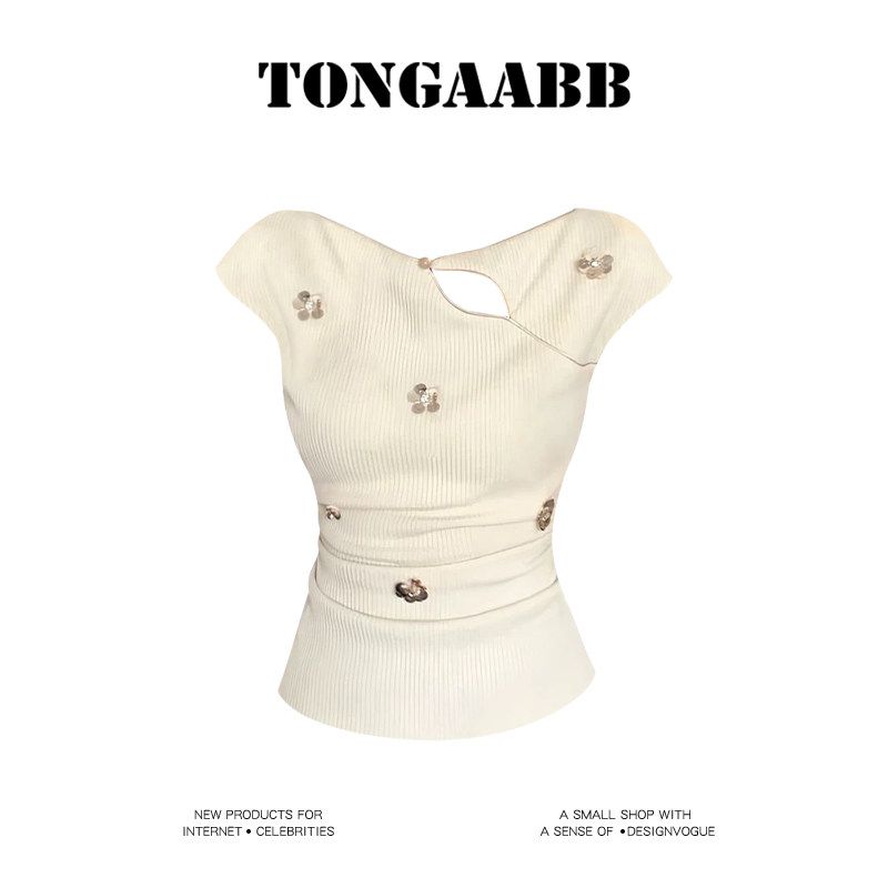 

Tongaabb Elegant Elegance Niche Design Waist-Tight Slim Looking Three-Dimensional Light Diamond Flying Sleeve Tops Easiest for Match Apricot color S