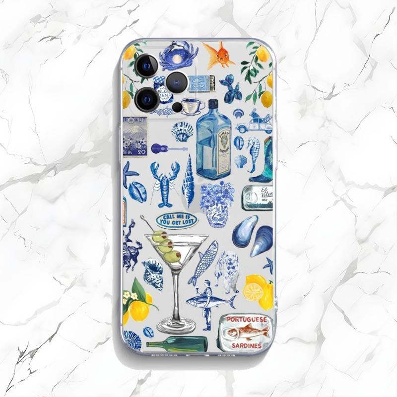 Mediterranean Style Seafood and Lemon Phone Case for iPhone 17 16 15 14 13 12 11 Series Pro Max Plus Double Layer Protection