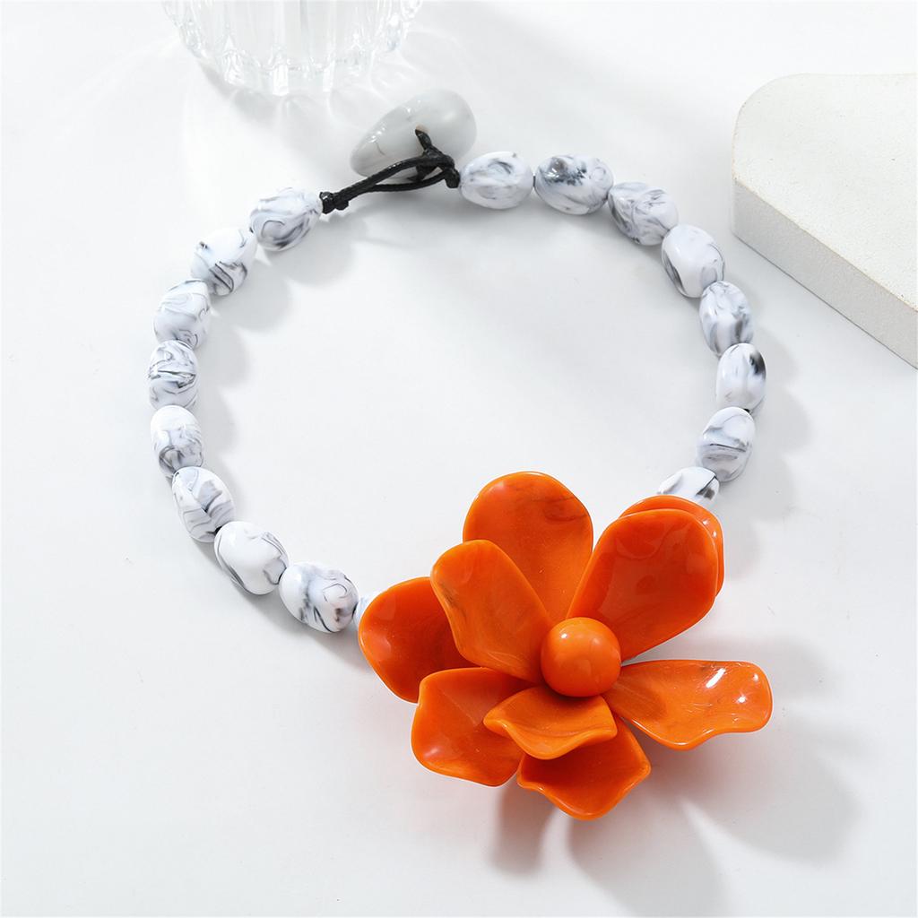 Resin Beaded Statement Necklace Large Colorful Flower Pendant Neckchain Adjustable Length Clavicle Chain for Women