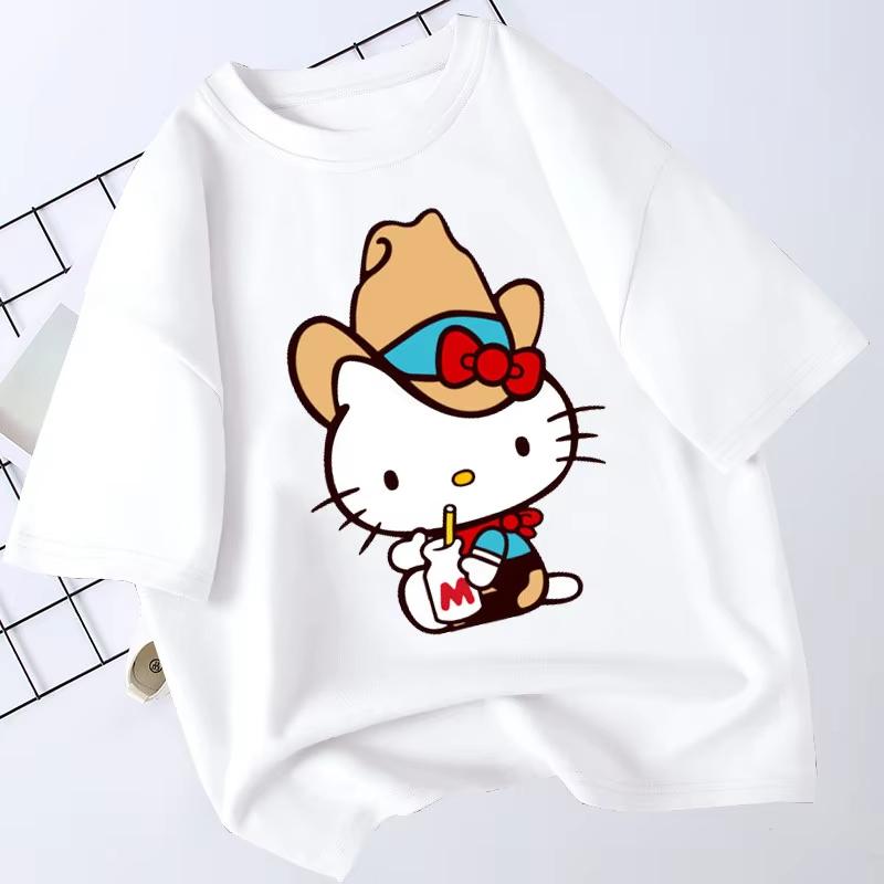 Summer 2026 new Hello Kitty Western Cowboy Theme 100 Cotton Printed Oversize Loose Tshirt Adult Children Parentchild Top