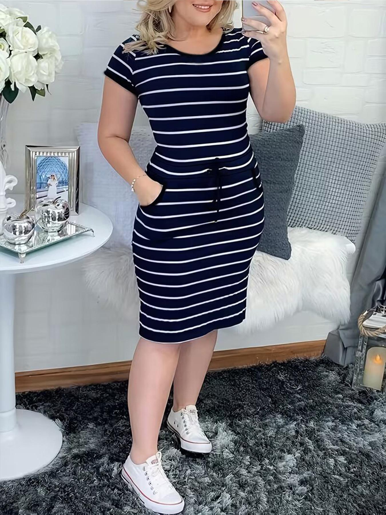 

2026 Summer Commuter Belted Striped Plus Size Women s Dress L темно-синього кольору