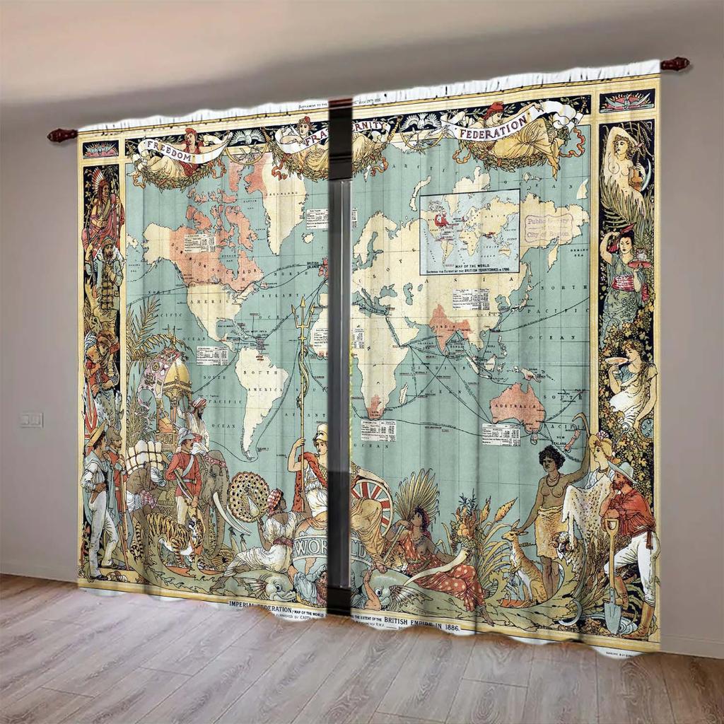 2pcs Commonwealth Illustration Art Map Pattern Curtain   Distinctive Printed Curtains   Suitable for Gifting To Family and Friends