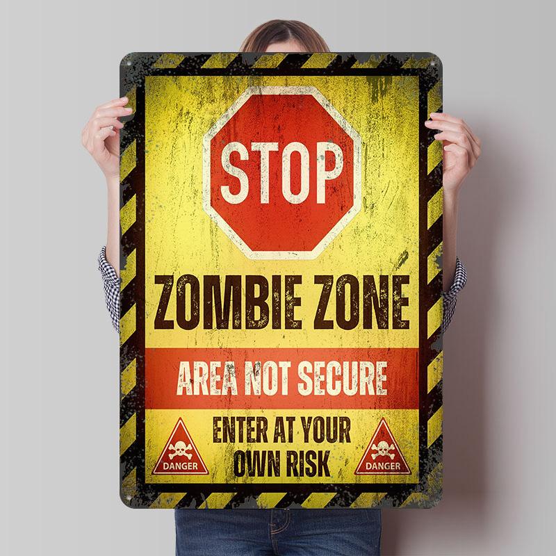 Zombie Zone Warning Sign Printed Poster Customized Wall Art Retro Vintage Metal Tin Signs for Gamer Decoration Room Home Decor