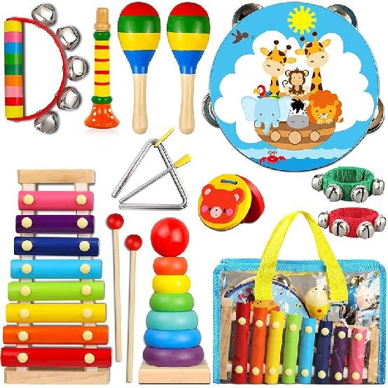 LOOIKOOS Toddler Musical Instruments,Wooden Percussion Instruments for Baby Kids Preschool Educational Musical Toys Set Boys and Girls with Carrying Kids Musical Instruments