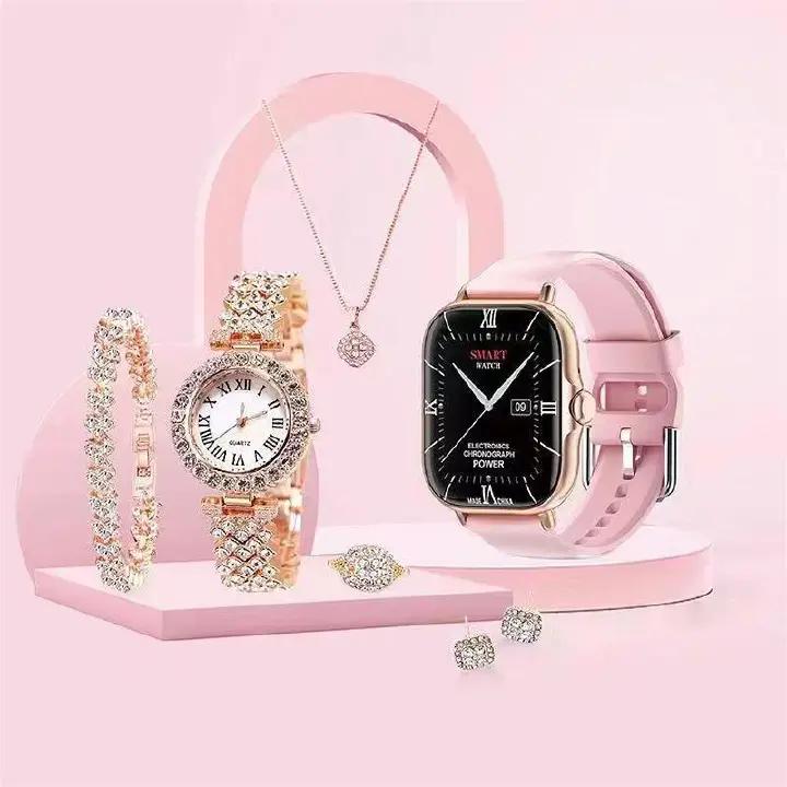 

6 в 1 умные часы A58 Plus с женскими ювелирными изделиями, кольцами, серьгами, браслетом, ожерельем, умными часами с Bluetooth, звонком, измерением артериального давления и кислорода чёрный