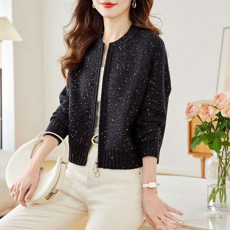 Podzimní dámský flitrový pletený kardigan šál s dlouhým rukávem