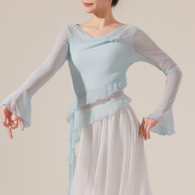 

Классическая танцевальная одежда женская облегающая утягивающая расклешенные рукава дизайн Sense тренировочная одежда топы 2XL синий