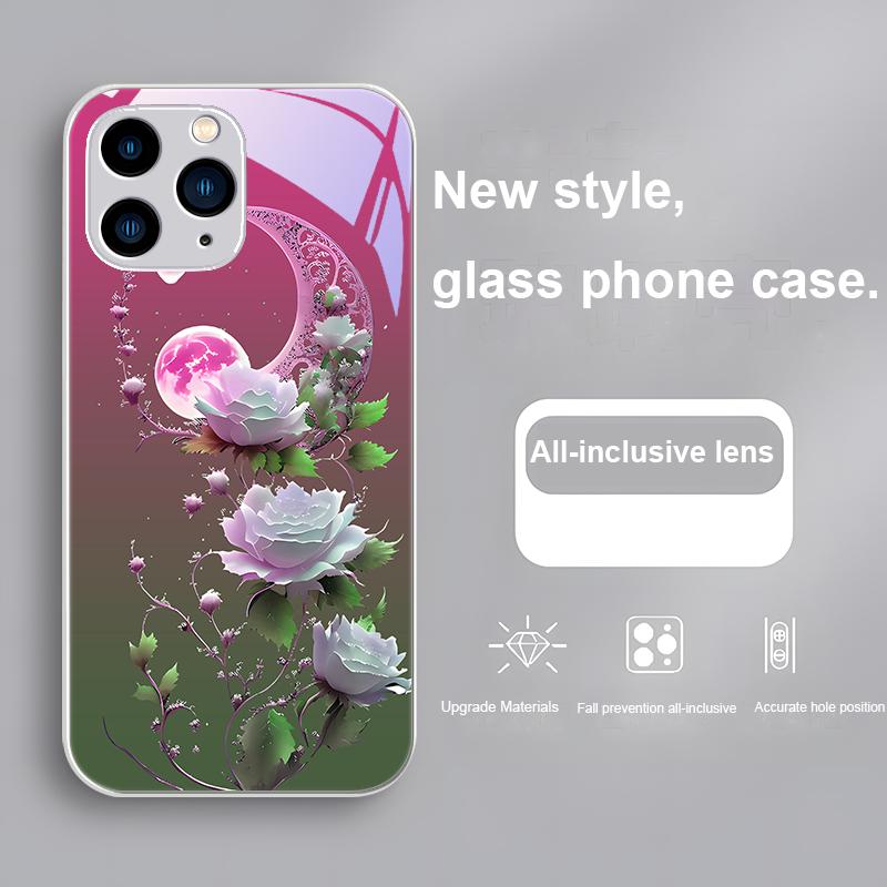 Full moon rose purple Cangling Green for Iphone 15 14 13 12 11 Pro Max X XS XR 7 8 Plus 2020 2022 SE Tempered glass phone case