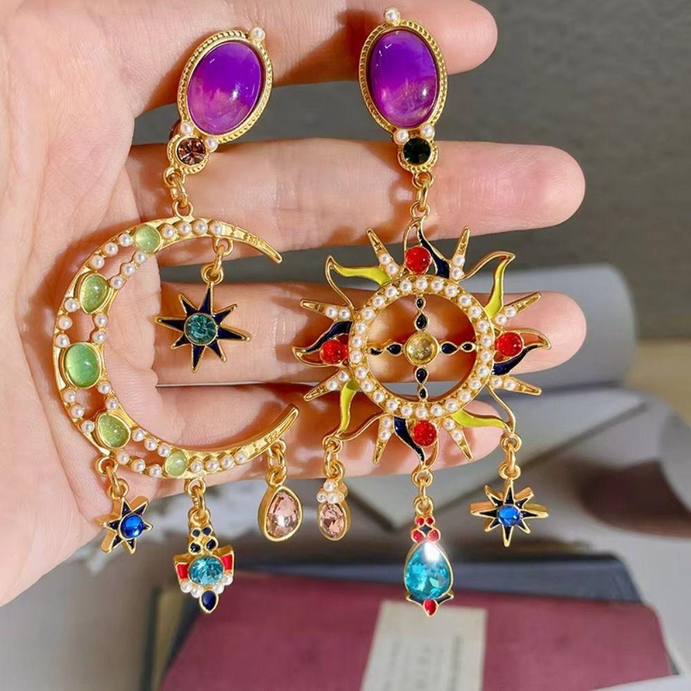 Handmade Sun&Moon Earrings Medieval Style Crystal Earrings Elegant Dangle Earring  Women