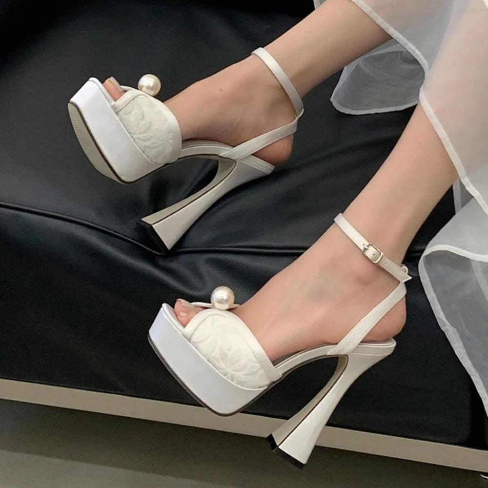 Pesstwei Summer Fashion Peep Toe Women Sandals High Quality Satin Pearl Square Heels Shoes Buckle Strap Zapatos De Mujer