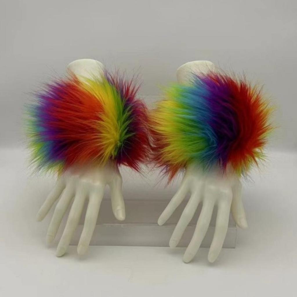 Women Colorful Faux Furs Wrist Cuffs Winter Furry Bands Arm Warmer Wrist Slap On Cuffs Arm Warmer Plush Thicken