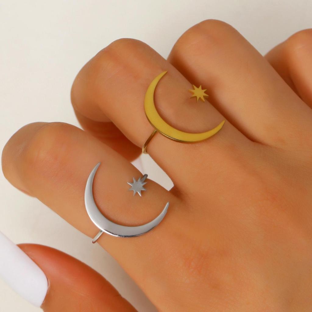 Unisex Sun and Moon Stainless Steel Open Ring – Personalized European and American Style