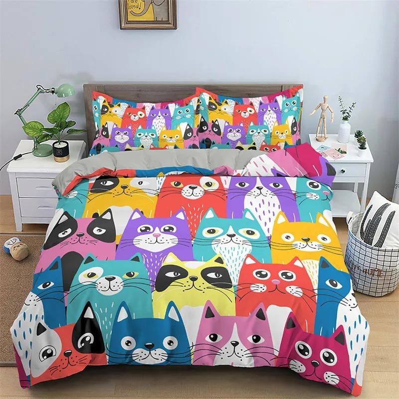 Cute Cat Bedding Set 2-3Pcs Bedroom Quilt Cover Set Single Double Size Polyester Duvet Cover Pillowcase for Adult Boy Girl