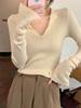 Women's V-Neck Polo Collar Knit Sweater for Spring/Autumn