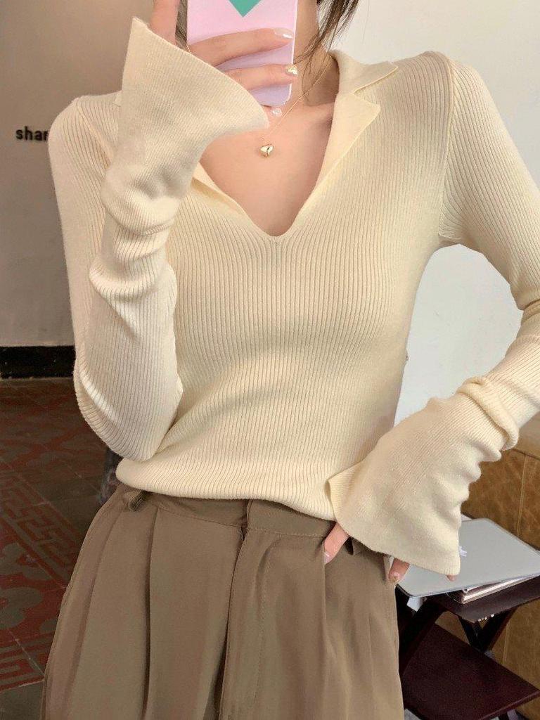 Women's V-Neck Polo Collar Knit Sweater for Spring/Autumn