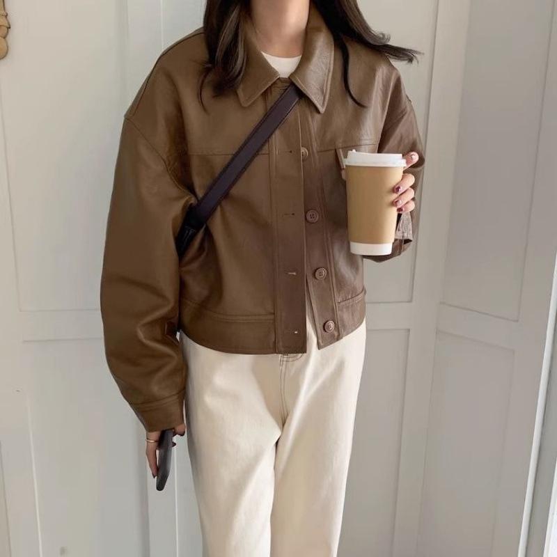 Women's European Style Brown PU Leather Jacket - Retro Petite Spring/Autumn 2025