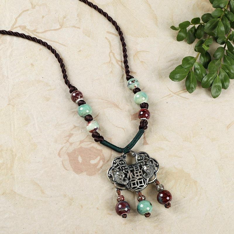 New Forest handmade ceramic necklace, women's retro versatile sweater chain simple long accessories pendant