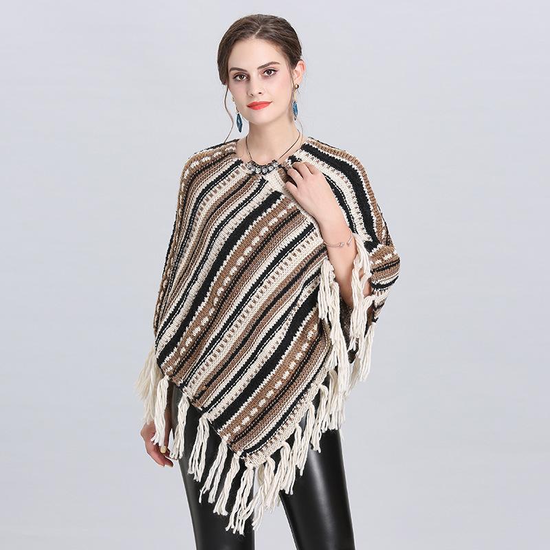 Exclusive For South American Tassel Cape Shawl V-Neck Diagonal Striped Pullover Women 1527 #