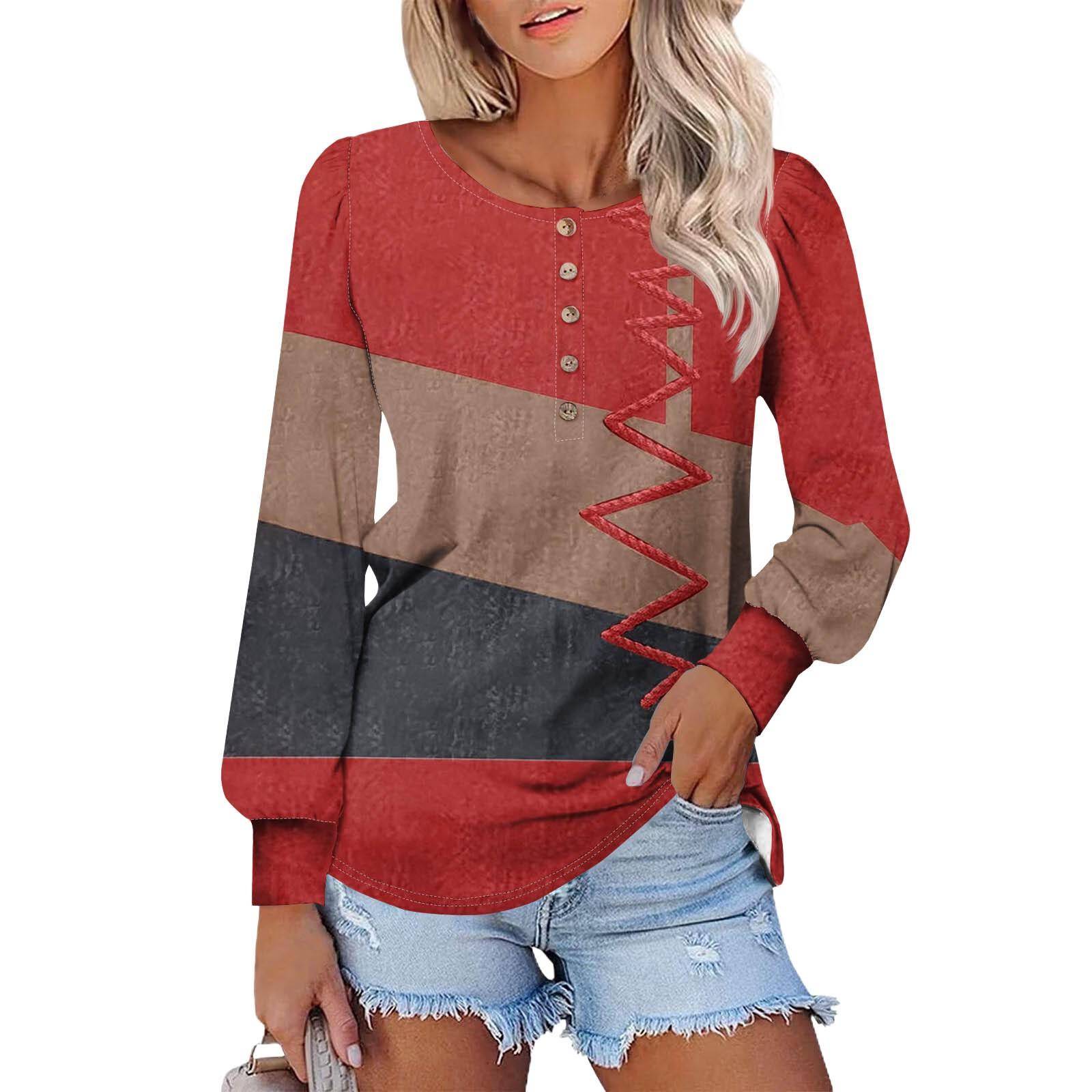 

Женские футболки с длинным рукавом и круглым вырезом, полосатые принты, рубашки с рукавами-фонариками, блузки на пуговицах, топы XL красный