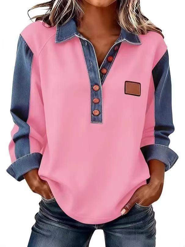 2026 new European and American style 3D printing color matching denim knitted sweater women's loose long-sleeved lapel pullover cross-border explosion