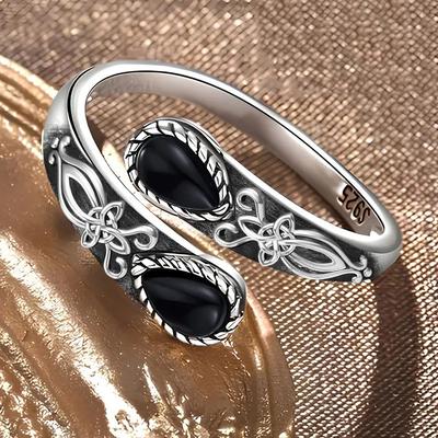 Böhmischer Vintage schwarzer Achat Löffel Mondstein Ring, Einfacher offener Ring für Damen