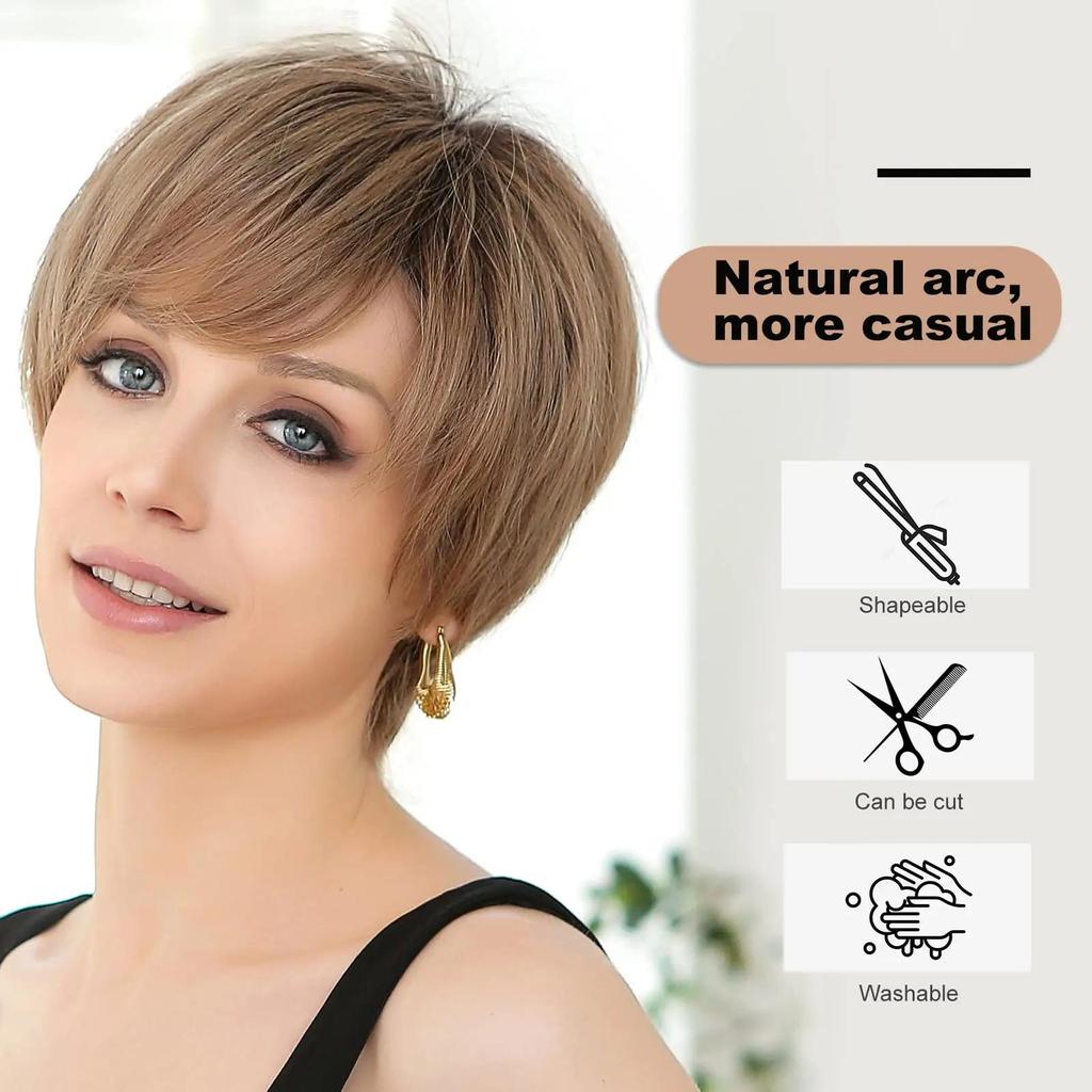 Haircube perucas dianteiras do laço ombre marrom remy cabelo humano cinza marrom pixie corte de cabelo com bang curto peruca reta para as mulheres bob peruca humana