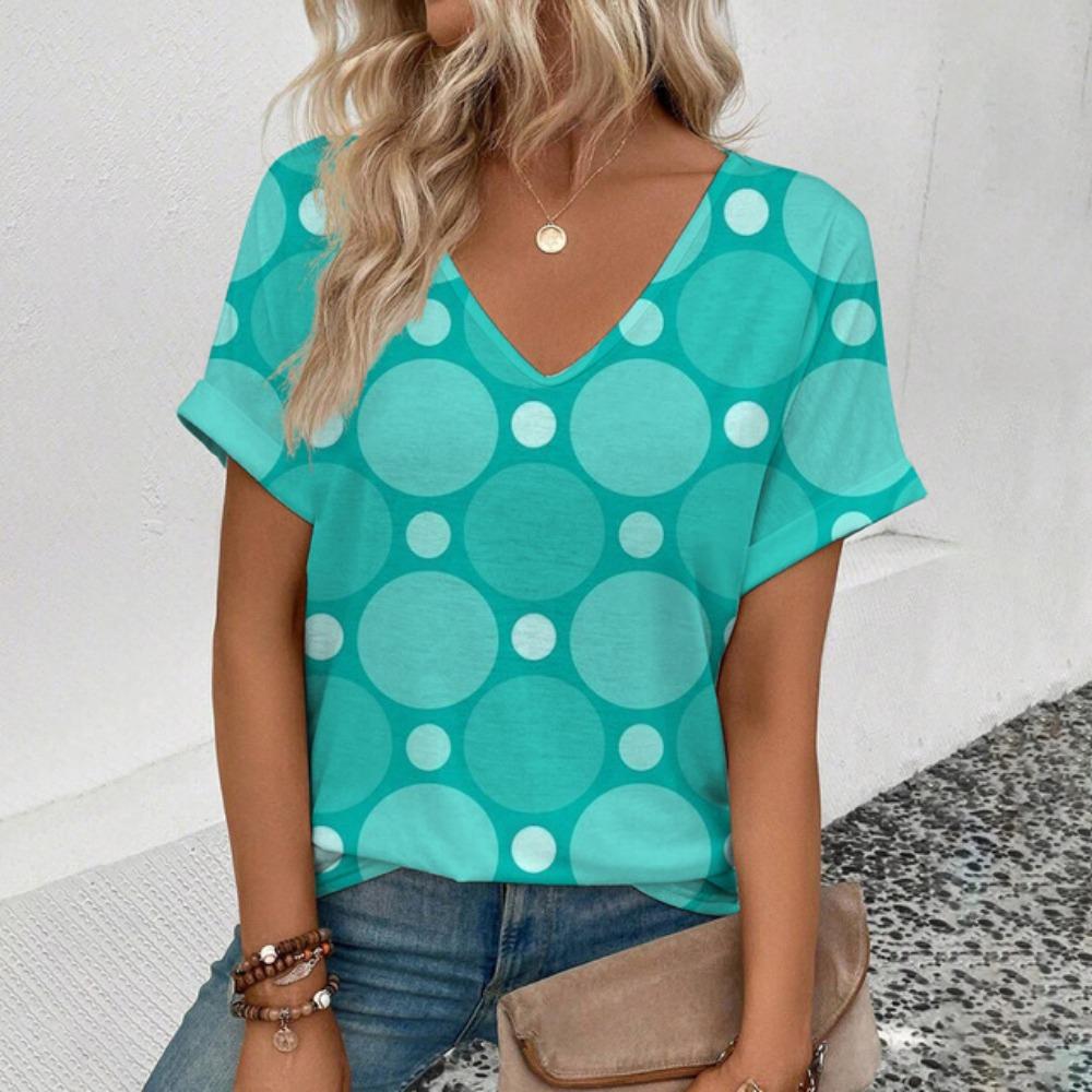 2024 Top Women Summer Women's V-neck T-Shirt Retro Dots Pattern Print T-Shirt Fashion Women's Leisure Short Sleeve T-Shirt
