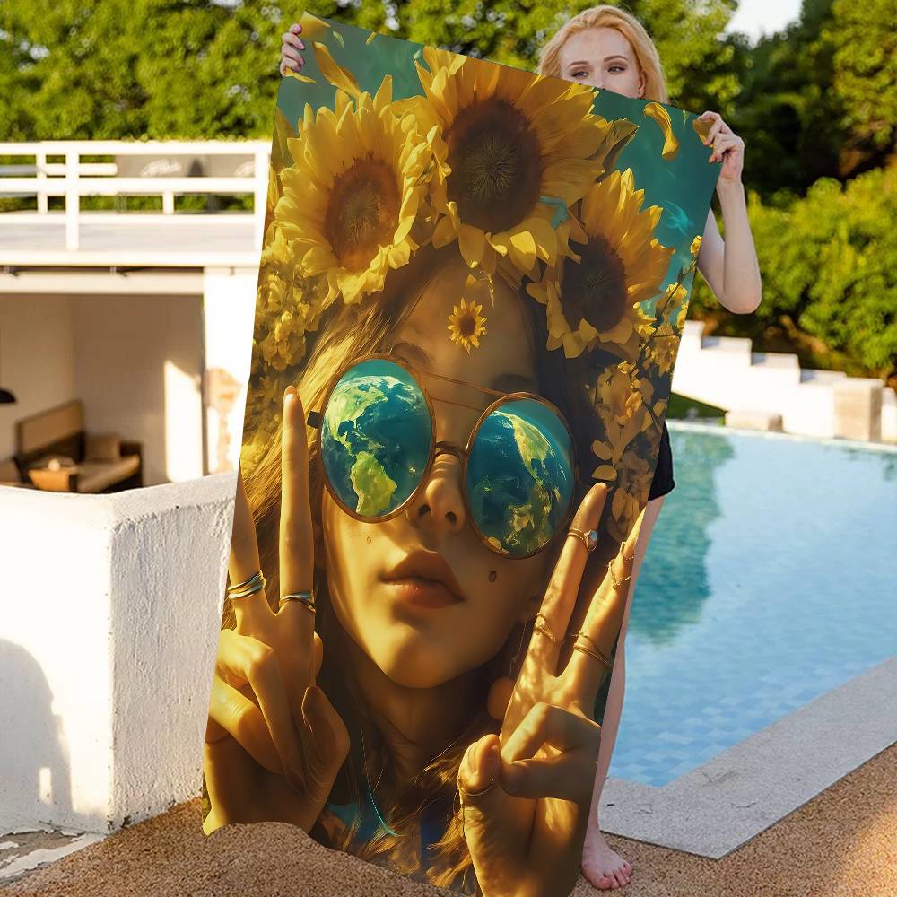 1pc Nordic Boho Fashion Glasses Woman With Flowers Beach Towel Bath Towels For Microfiber Quick Dry Sand Yoga Gym Pool