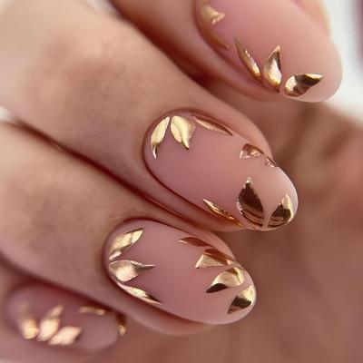 24 pezzi di unghie finte a mandorla media, design a foglia dorata, unghie finte a copertura totale per donne e ragazze