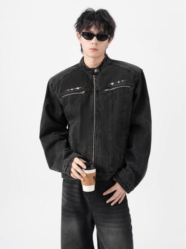 Men's High-End American-Style Denim Jacket: Trendy, Scruffy Cool Hairdresser Vibe with Padded Shoulders and Light Luxury Design.