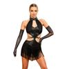 Damen Latin Dance Fransenkleid Cutout Ärmellos Träger Taille Quasten Saum Paillettenkleid mit Langen Handschuhen