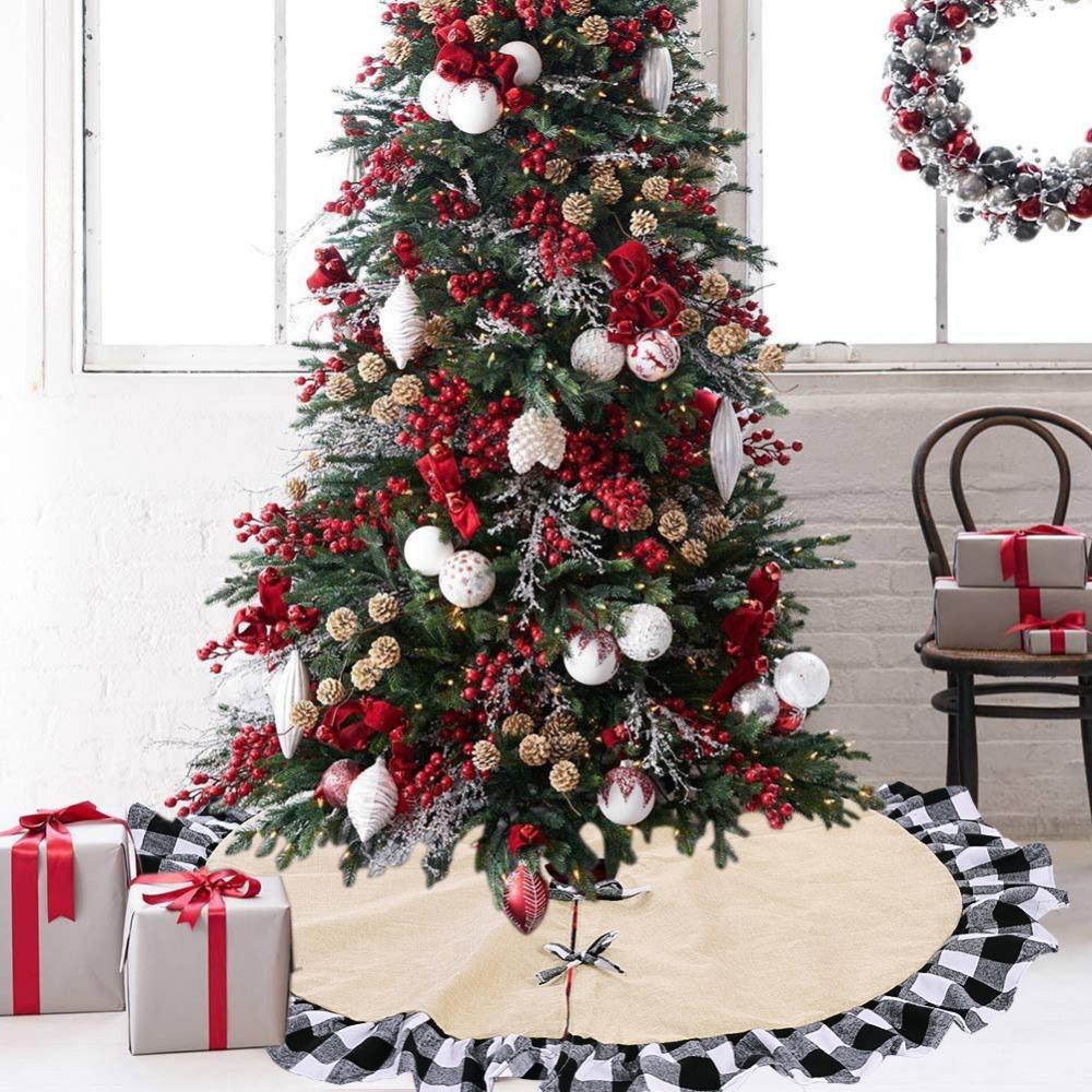Burlap Fall Tree Skirt with  Buffalo Plaid Ruffle Border Large Christmas Tree Mat 48 Inches for Halloween Fall Christmas Black White Decorations