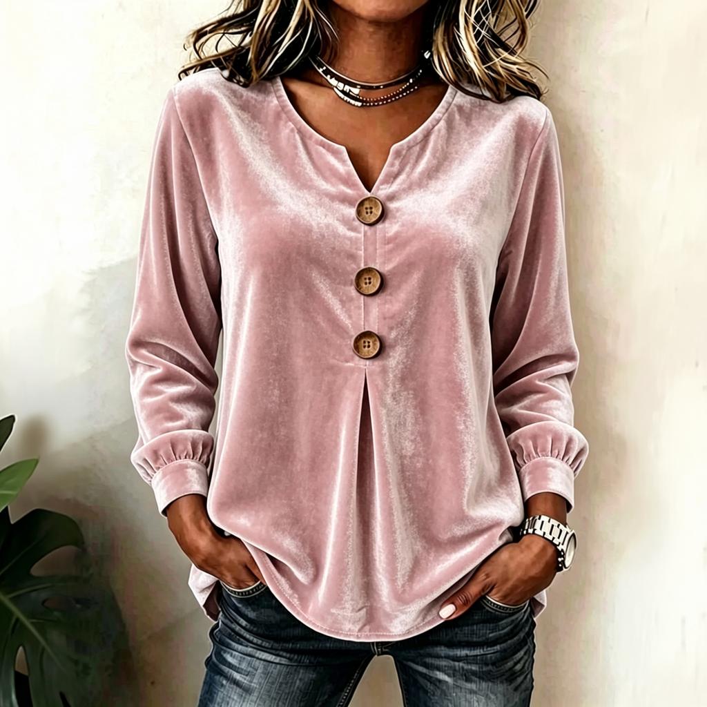 Blouse Haut Top Velours Élégant à Boutons sur le Devant et Manches Longues pour Femme