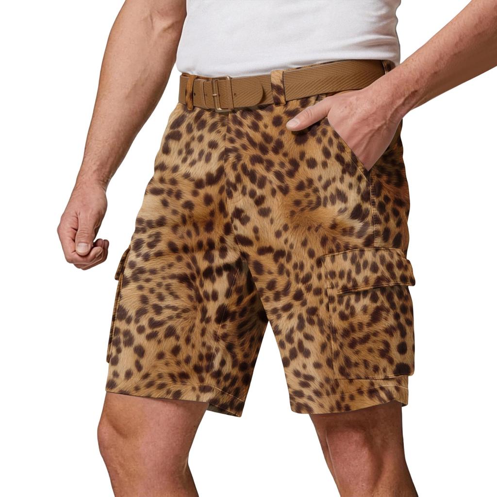 Men’s Casual Multi Pocket Cargo Shorts with Leopard Print Pattern Relaxed Fit Outdoor Athletic Shorts