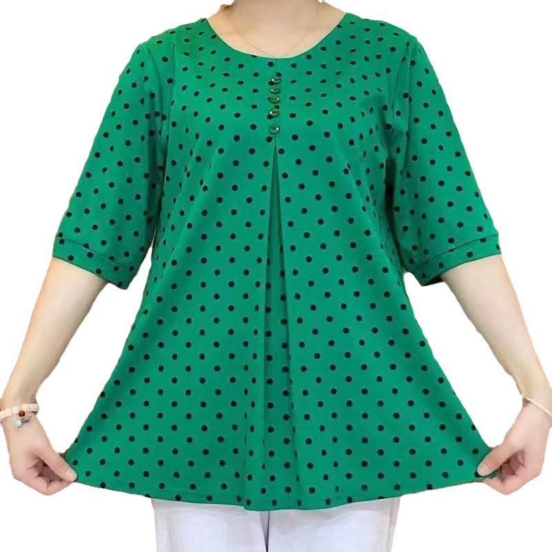 2023 Summer Trendy Mid-Sleeve Polka Dot Round Neck Korean Plus Size Top