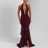 2026 European & American Mesh Patchwork Elegant V-Neck Halter Backless Hip-Hugging Maxi Dress
